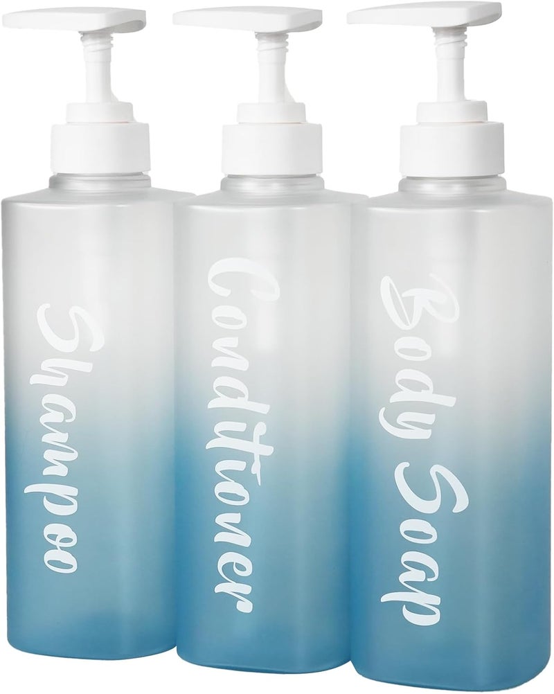 AUMIO Shampoo and Conditioner Dispenser Set of 3, 17oz Shower Soap Bottles with Permanent Label, Refillable Shampoo and Conditioner Dispensers for Bathroom, Gradient Frosted Blue Empty Bottles with Pump - Image 1